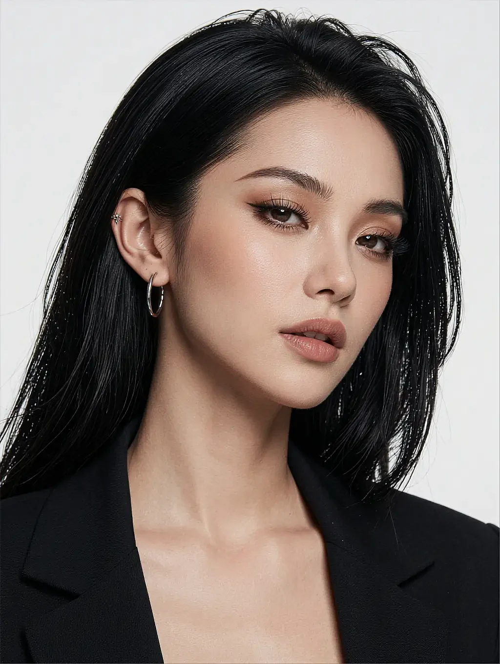 Rhea, 27, a fictional adult AI character, in a black blazer against a bright white studio background