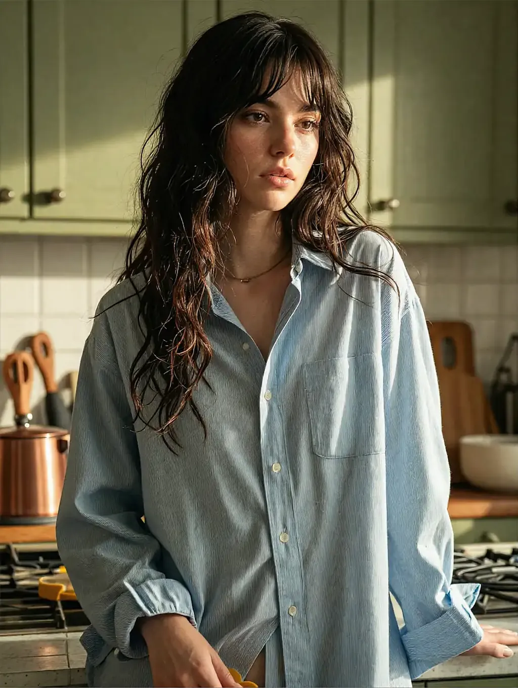 Marlowe, 31, a fictional adult AI character, in an oversized pale blue shirt at a kitchen stove