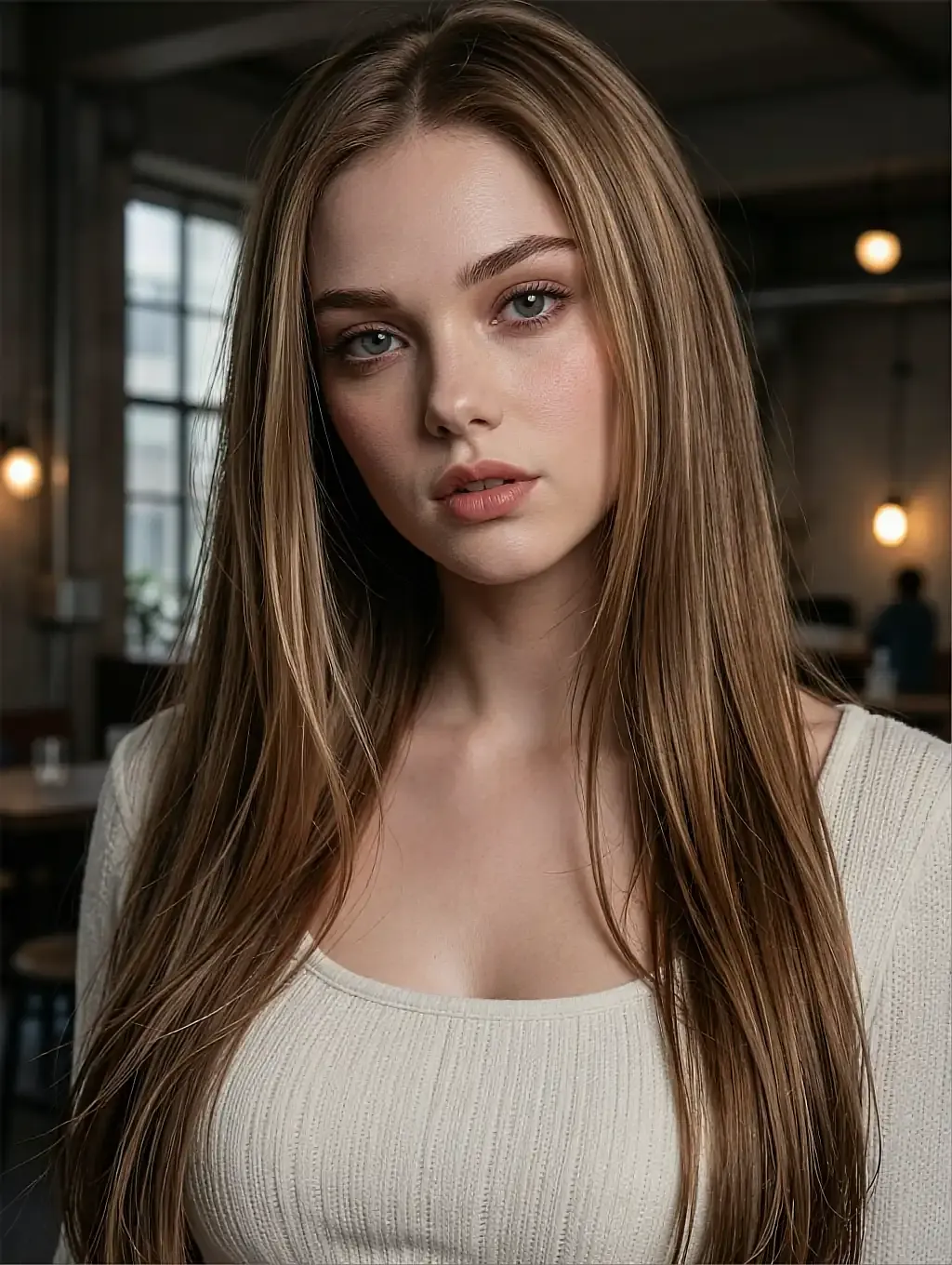 Bex, 24, a fictional adult AI character, with long light brown hair in a cream ribbed top in a café
