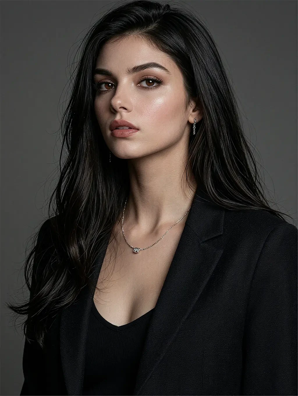 Fictional adult AI character on the no filter page, in a black blazer against a dark grey wall